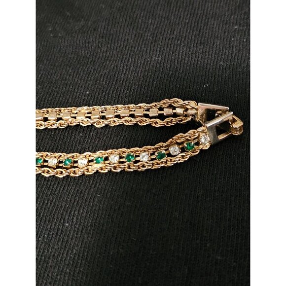 Vintage Bracelet 7" Gold Tone Three Strand Green and Clear Crystals Women's  EUC - Picture 2 of 5